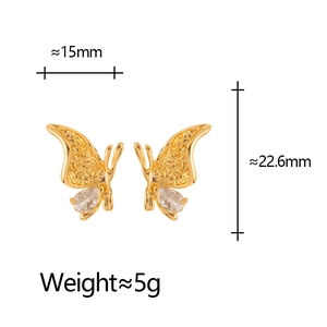Elegant gold butterfly earrings with zircon drop, measuring 15mm by 22.6mm in size