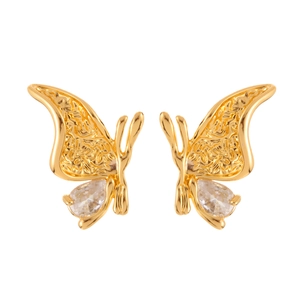 Elegant gold butterfly earrings with cubic zirconia stones on a clean white background