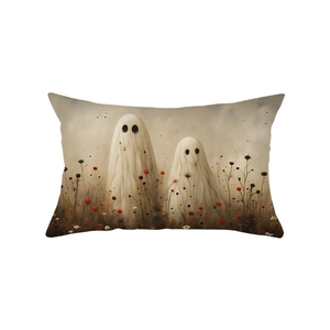 Ghost lumbar pillow cover with Gothic wildflower print on rustic faux linen fabric