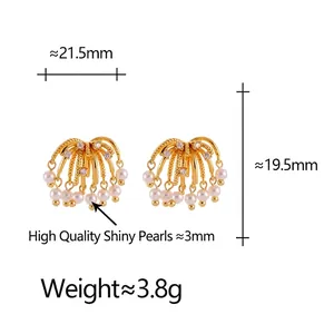 Exaggerated golden firework stud earrings with lustrous white pearls and pavé diamonds