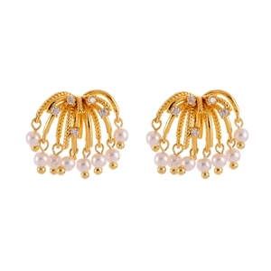 Elegant gold fountain pearl earrings with sparkling crystals in an irregular starburst design