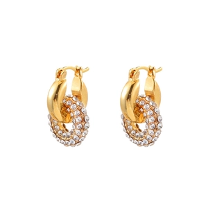 Elegant gold-tone geometric hoop earrings featuring sparkling rhinestone circular charms