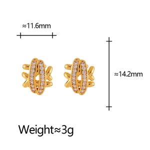 Elegant gold woven stud earrings with cubic zirconia stones and product dimensions
