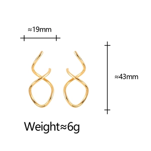 Golden geometric spiral earrings with crossover design, size 43mm by 19mm, weight 6g