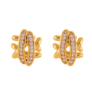 Elegant gold woven stud earrings for women featuring two rows of micro-paved cubic zirconia