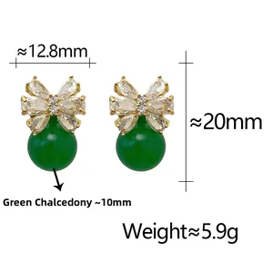 Detail view of crystal flower earrings with 10mm green chalcedony and zircon stones
