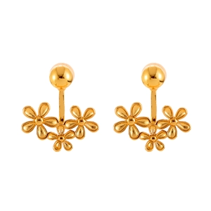 Elegant gold flower stud earrings featuring polished spheres and three textured blossoms