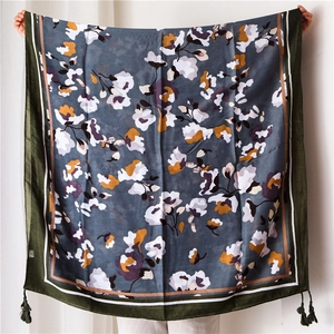 Ethnic style floral cotton linen scarf with tassels and retro ink painting patterns
