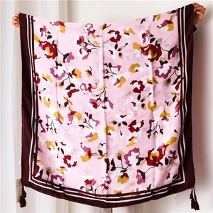 Floral print cotton linen shawl with vintage ink painting patterns and corner tassels