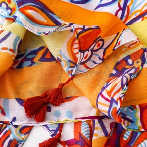 Ethnic style printed scarf with abstract patterns and red handmade tassels for women