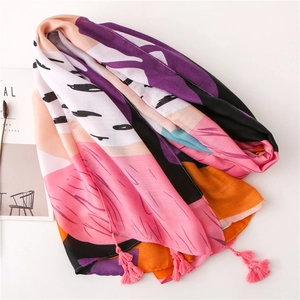 Ethnic cotton linen floral shawl with vibrant tassels and colorful bohemian print scarf