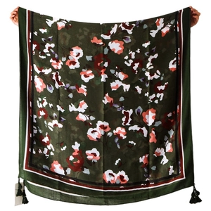 Large dark green cotton linen shawl with vintage floral print and black corner tassels
