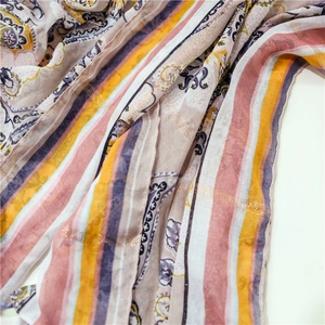 Bohemian gold-threaded cotton linen scarf with paisley floral pattern and pink stripes