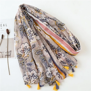 Bohemian floral cotton linen shawl with gold stamping and colorful tassels for women