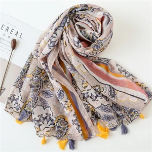 Bohemian cotton linen scarf with gold stamping floral patterns and tassel details