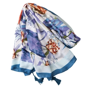 Écharpe en coton et lin avec imprimé tropical perroquet et franges à glands bleus