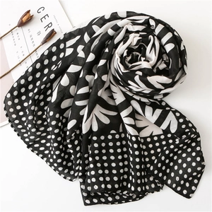 Polka dot and floral scarf made of soft linen-blend fabric for spring and autumn