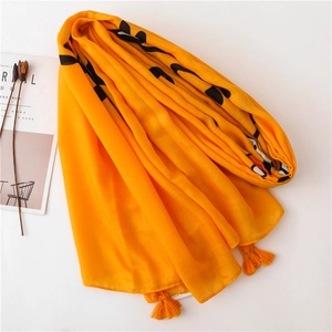 Bright yellow cotton linen scarf with black letter prints and fringe tassels for women
