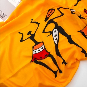 Women Cotton Polyester Scarf Shawl With Tassel Trim Ethnic African Tribal Print Bright Yellow Lightweight Fashionable