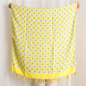 Floral Print Scarf Women Cotton Linen Feel Large Shawl Sunscreen Beach Wrap With Tassels Lightweight Soft Accessory