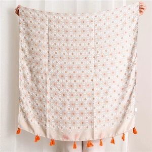 Floral print lightweight shawl with orange tassels for women's beach and sun protection