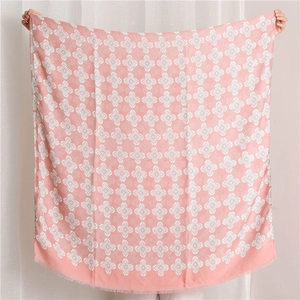 Pink floral cotton linen feel scarf with white clover print and fringed edges shawl