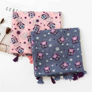 Women Cartoon Owl Print Voile Scarf Long Lightweight Pashmina Shawl With Tassel Fringe Fresh Japanese Style Travel