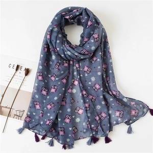 Blue-grey cotton linen owl print scarf with tassels and decorative heart patterns