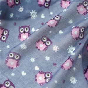 Linen cotton scarf with owl and daisy print in grey blue featuring fringe detail