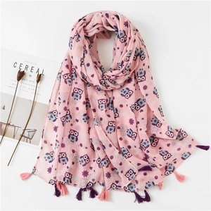 Pink cotton linen owl print scarf for women featuring handmade tassels and fresh style