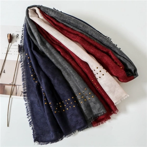 Classic cotton linen colorblock scarf with rivets and tassel edges in a long wrap style