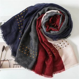 Classic color-block cotton linen scarf with metallic studs and fringed edges for women