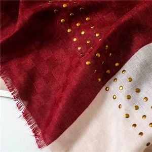 Classic color-block cotton linen scarf with elegant gold studs and tassel edge details
