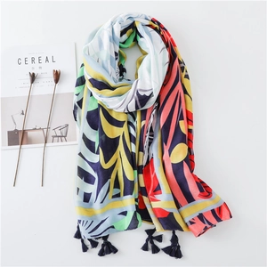 Large Long Floral Scarf Cotton Linen Sun Protection Tropical Leaves Shawl With Tassels Vintage Ethnic Style For Women