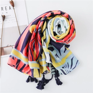 Floral cotton linen scarf with tassels and colorful geometric print for summer