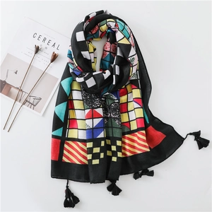 Women Ethnic Retro Scarf Shawl Large Geometric Print Tassels Satin Cotton Linen Feel Sun Protection Bohemian Beach Wrap