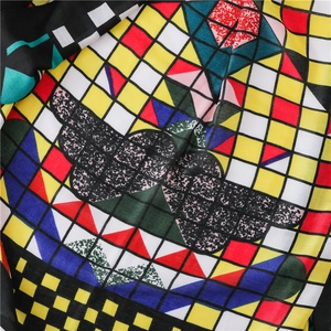 Colorful geometric retro ethnic scarf with rainbow mosaic pattern and butterfly print