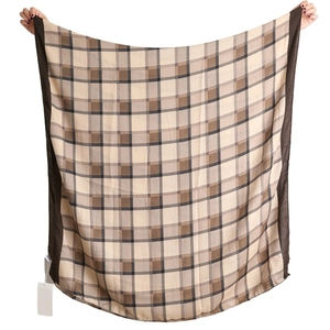 Classic checkered cotton linen scarf for women in brown and beige colors with solid borders