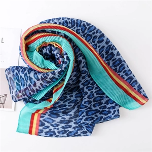 Navy leopard print pleated scarf with colorful striped edges for sun protection