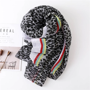 Pleated leopard print scarf with colorful stripes and breathable linen texture