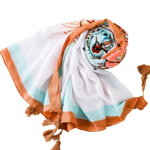 Écharpe en coton lin pour femme avec imprimé éléphant, bordure orange et pampilles