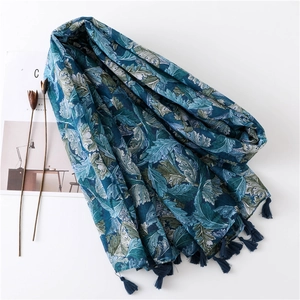 Ethnic paisley print cotton linen scarf with tassels, navy and green leaf pattern shawl