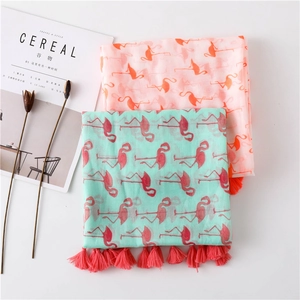 Lightweight cotton linen flamingo print shawl with red tassels in mint and pink colors