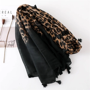 Leopard print gradient cotton linen scarf for women with black fringe tassels and styling