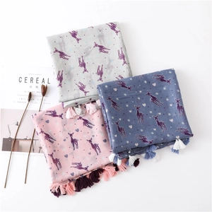 Artistic deer print scarf set with handmade fringes in grey, pink and navy colors
