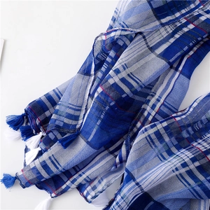 Close-up of blue and white plaid scarf featuring long decorative tassels and lightweight fabric