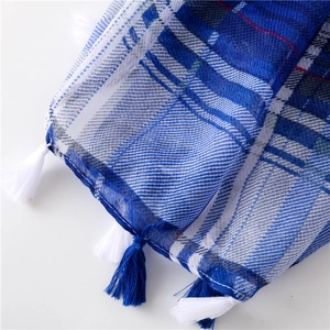 Close-up of blue and white plaid weave texture with decorative long fringe tassels