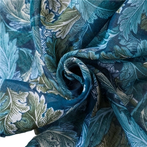 Blue and green paisley floral printed cotton linen long scarf shawl with tassels