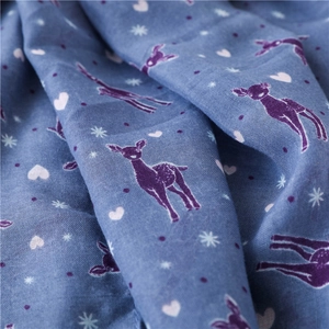 Blue cotton linen scarf with colorful deer and heart prints and handmade tassels