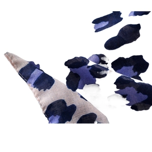 Leopard print cotton linen scarf with frayed edges in blue and purple patterns